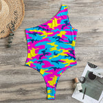 Neon Camouflage Print One Shoulder Bodysuit