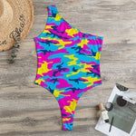 Neon Camouflage Print One Shoulder Bodysuit