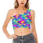 Neon Camouflage Print One Shoulder Crop Top