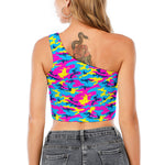Neon Camouflage Print One Shoulder Crop Top