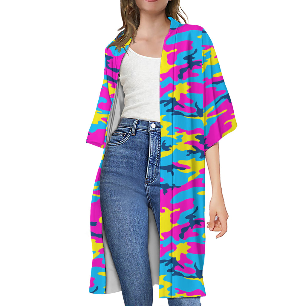 Neon Camouflage Print Open Front Beach Cover Up