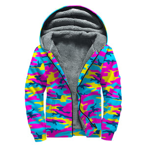 Neon Camouflage Print Sherpa Lined Zip Up Hoodie