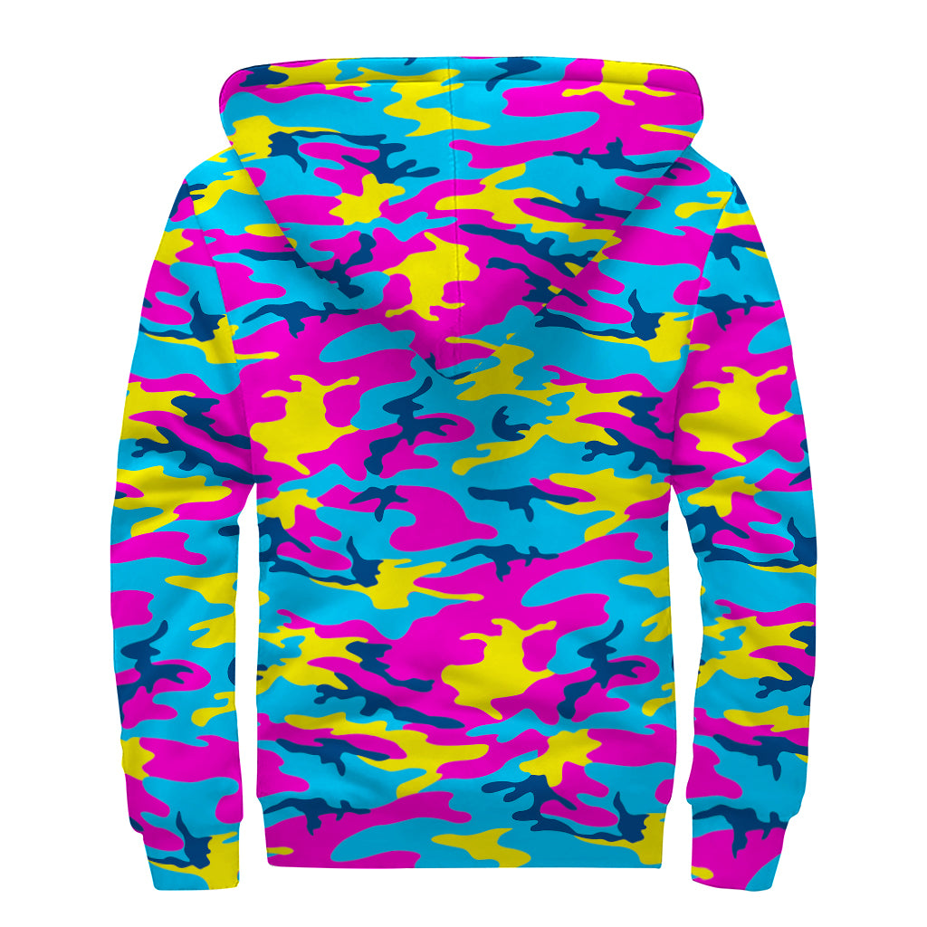 Neon Camouflage Print Sherpa Lined Zip Up Hoodie