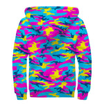 Neon Camouflage Print Sherpa Lined Zip Up Hoodie