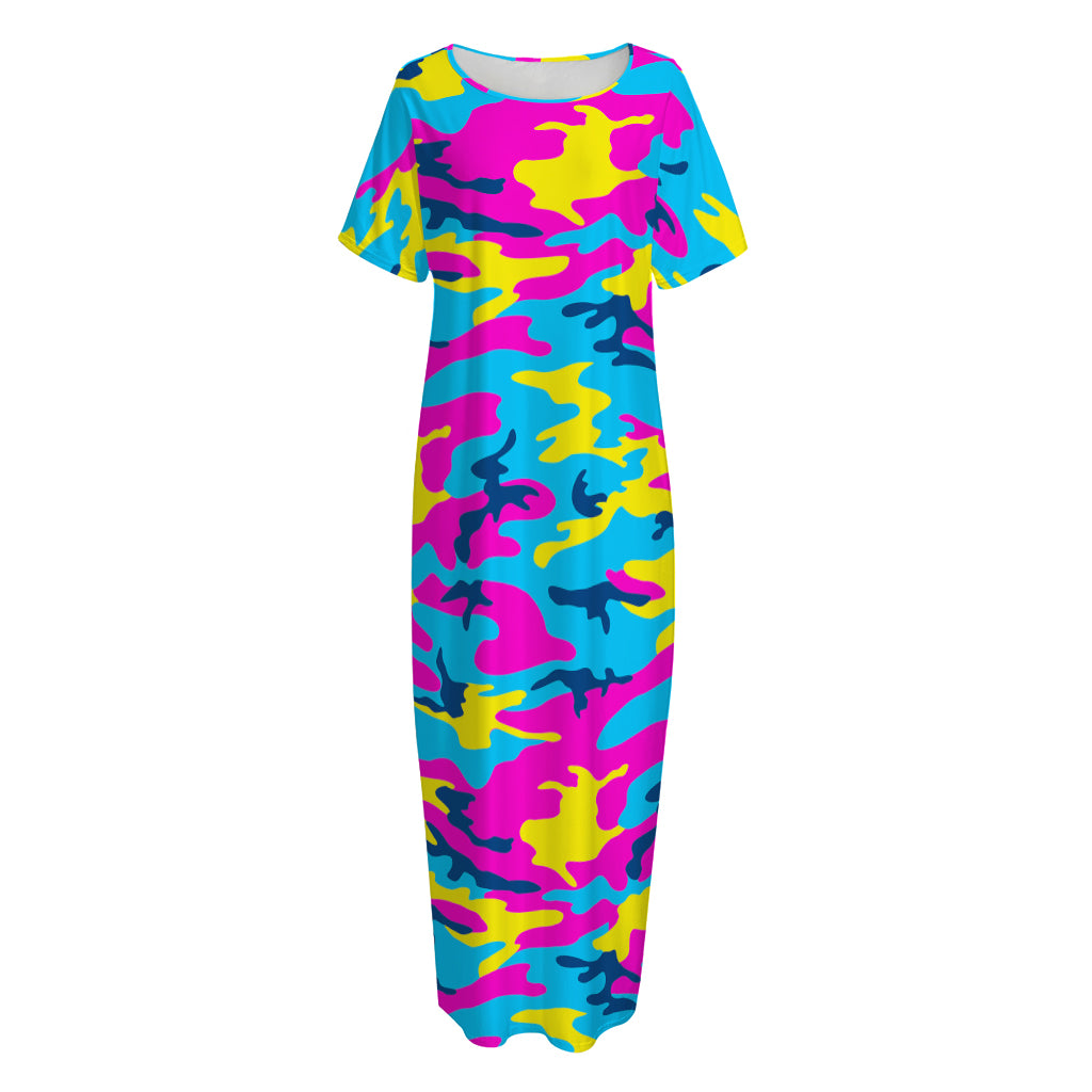 Neon Camouflage Print Short Sleeve Long Nightdress