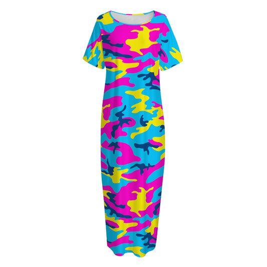 Neon Camouflage Print Short Sleeve Long Nightdress
