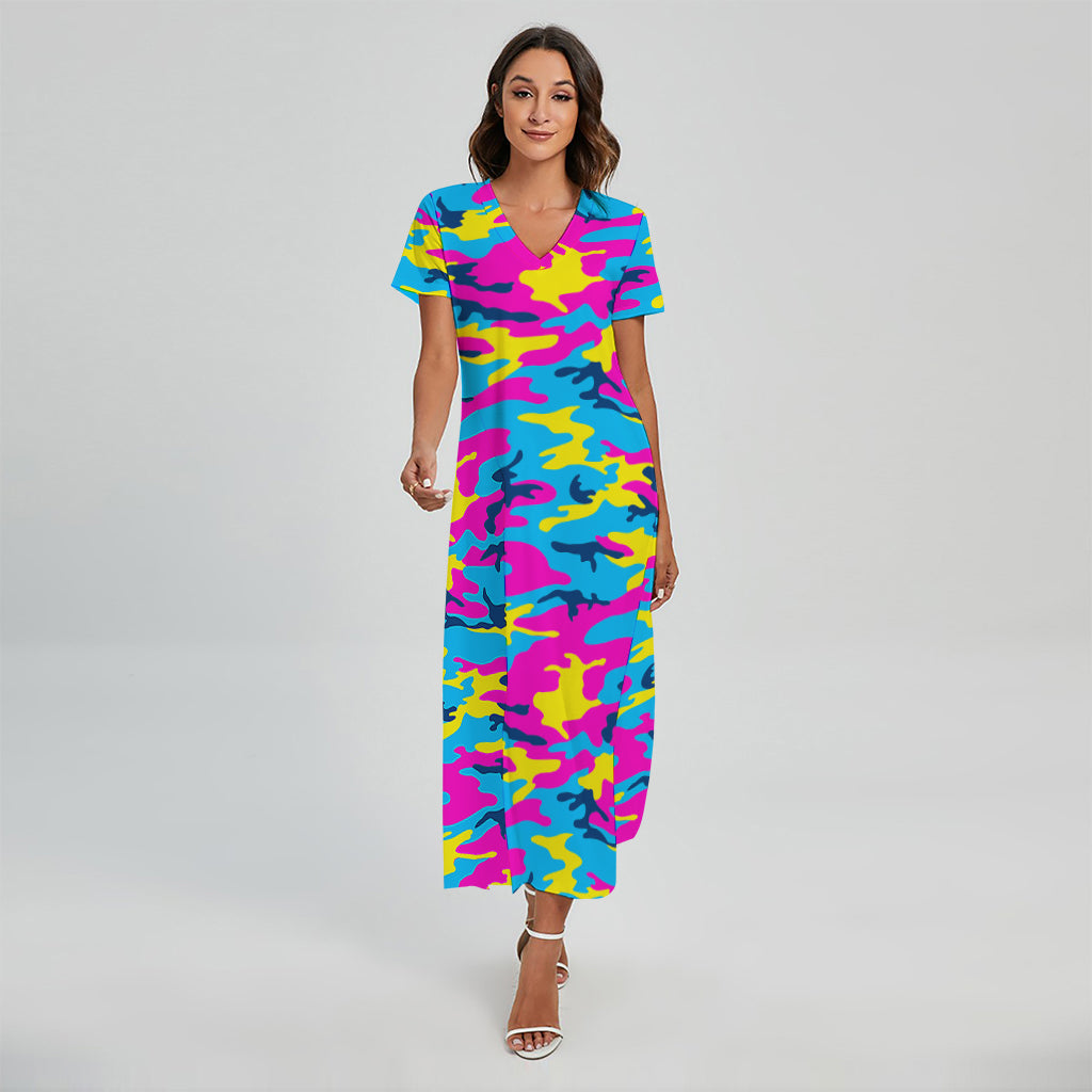 Neon Camouflage Print Short Sleeve Maxi Dress