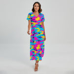 Neon Camouflage Print Short Sleeve Maxi Dress