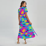 Neon Camouflage Print Short Sleeve Maxi Dress