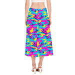 Neon Camouflage Print Side Slit Midi Skirt