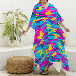 Neon Camouflage Print Silk V-Neck Kaftan Dress