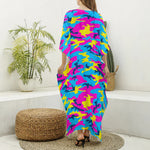 Neon Camouflage Print Silk V-Neck Kaftan Dress