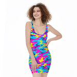 Neon Camouflage Print Sleeveless Bodycon Dress