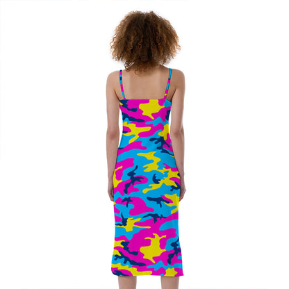 Neon Camouflage Print Slim Fit Midi Cami Dress