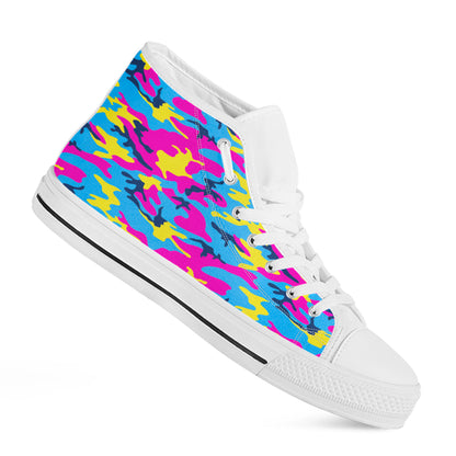 Neon Camouflage Print White High Top Sneakers
