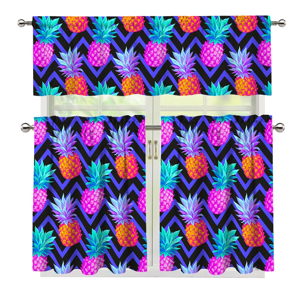 Neon EDM Zig Zag Pineapple Pattern Print 3 Piece Kitchen Curtains