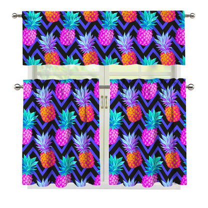 Neon EDM Zig Zag Pineapple Pattern Print 3 Piece Kitchen Curtains