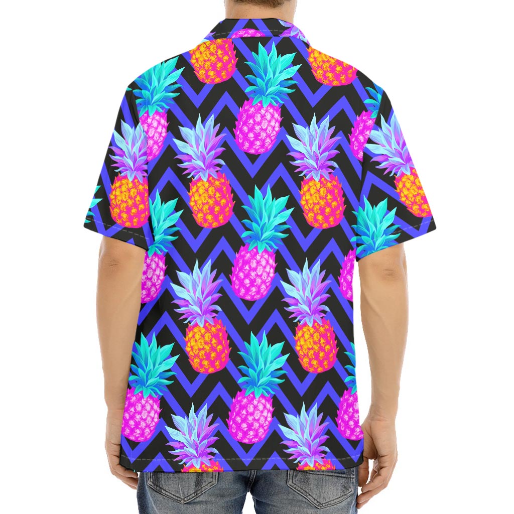 Neon EDM Zig Zag Pineapple Pattern Print Aloha Shirt