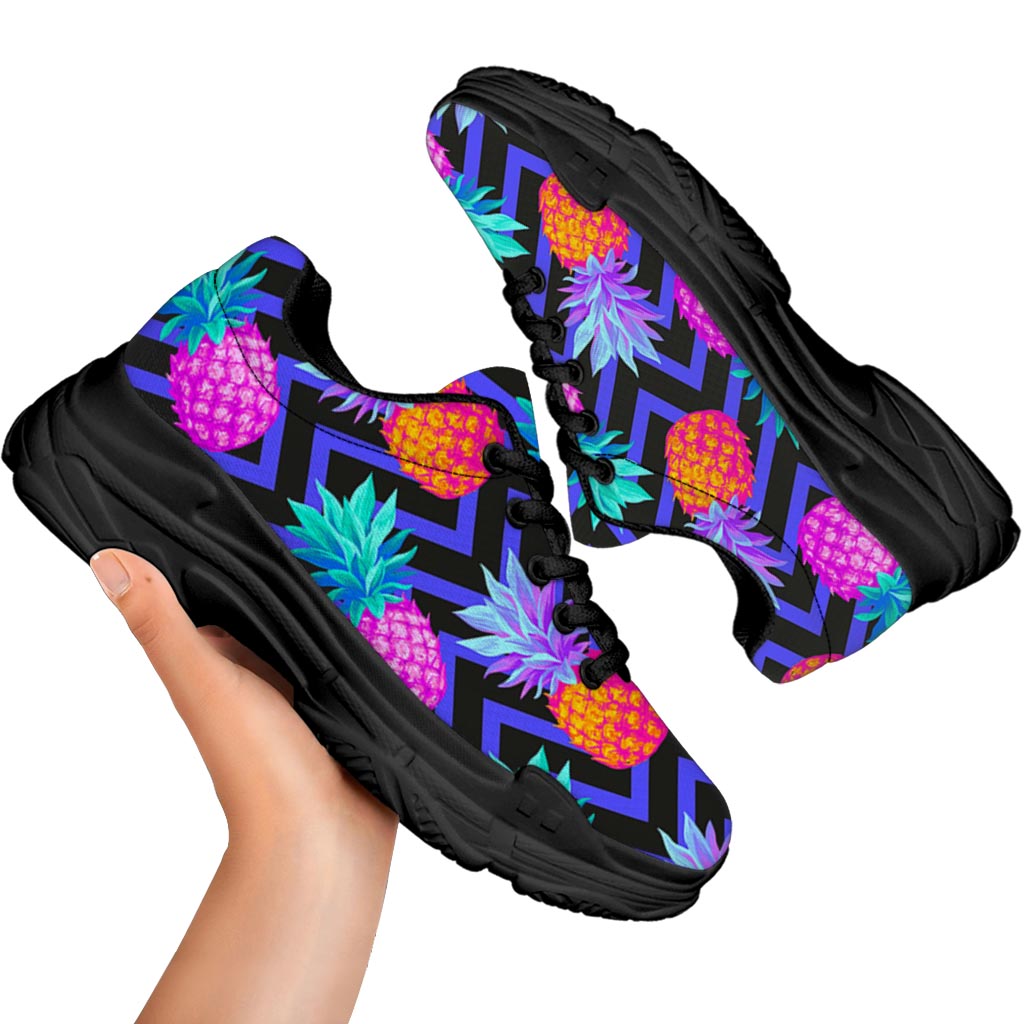 Neon EDM Zig Zag Pineapple Pattern Print Black Chunky Shoes