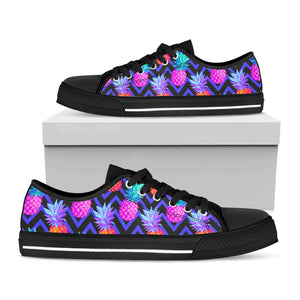 Neon EDM Zig Zag Pineapple Pattern Print Black Low Top Sneakers