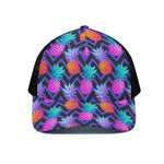 Neon EDM Zig Zag Pineapple Pattern Print Black Mesh Trucker Cap