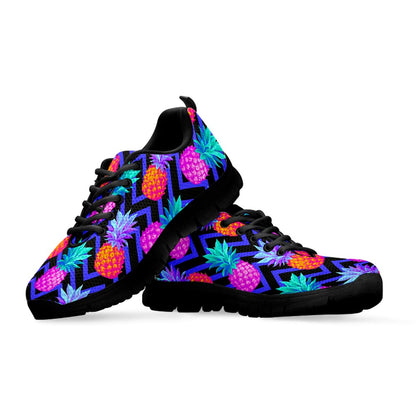 Neon EDM Zig Zag Pineapple Pattern Print Black Running Shoes