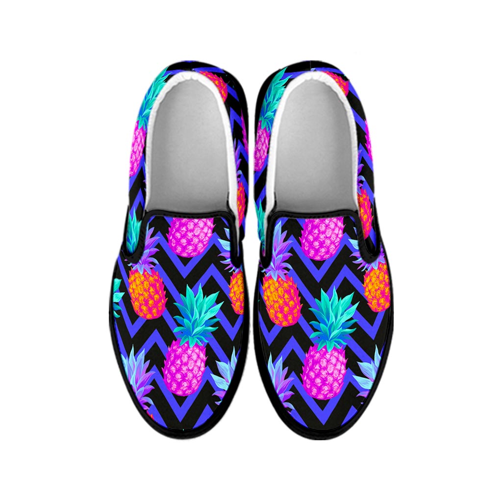 Neon EDM Zig Zag Pineapple Pattern Print Black Slip On Sneakers
