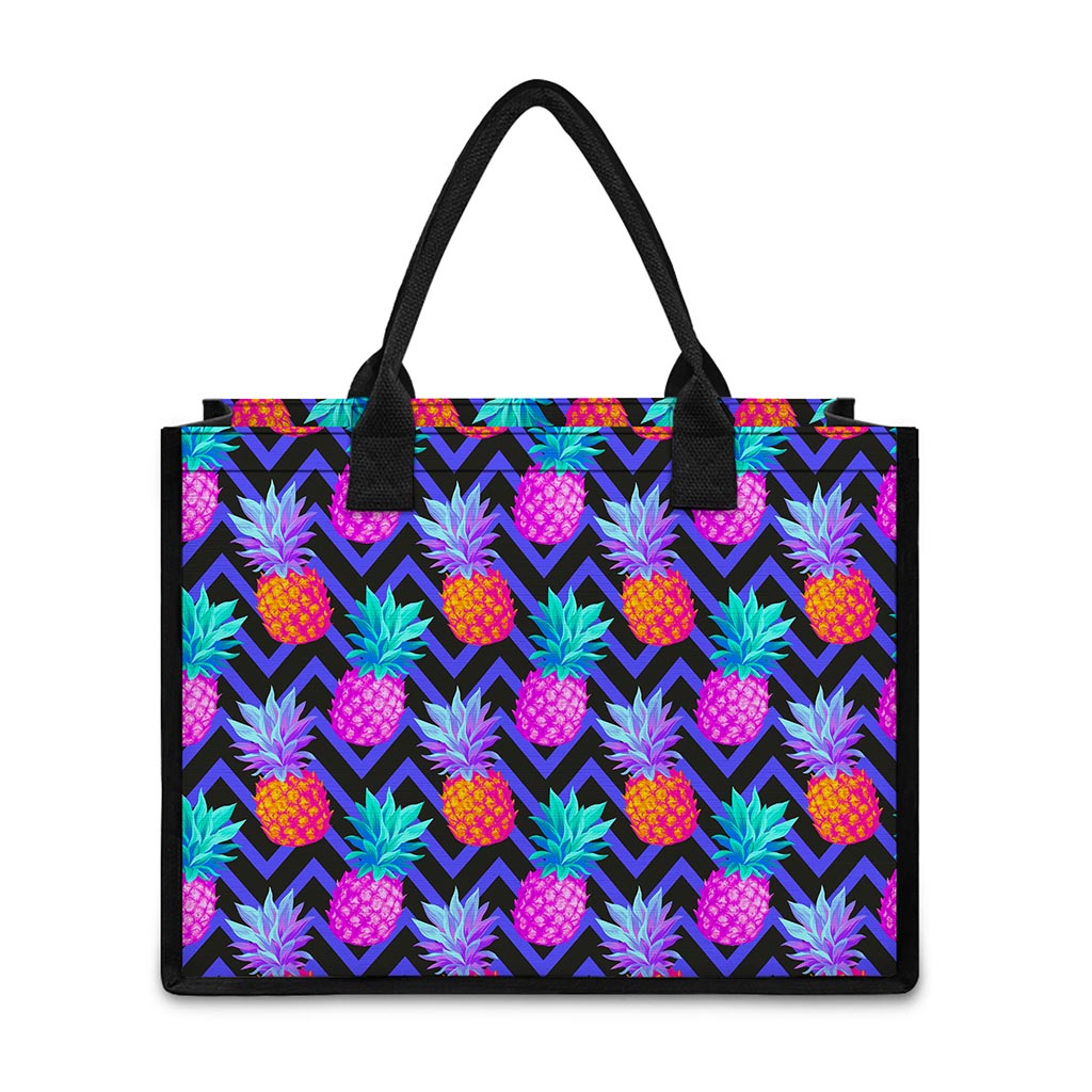 Neon EDM Zig Zag Pineapple Pattern Print Canvas Tote Bag