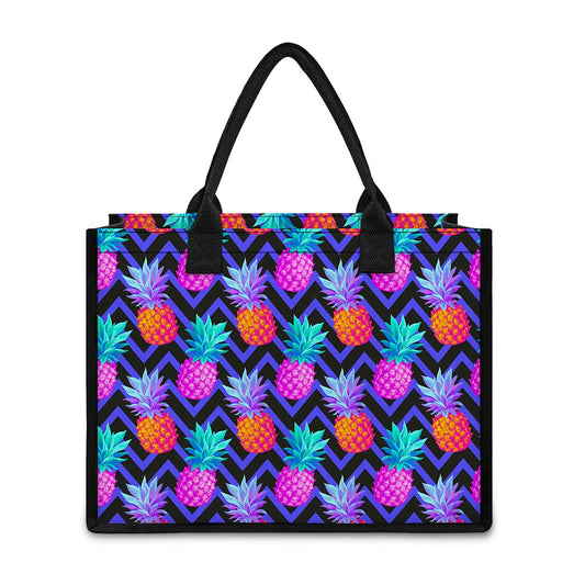 Neon EDM Zig Zag Pineapple Pattern Print Canvas Tote Bag