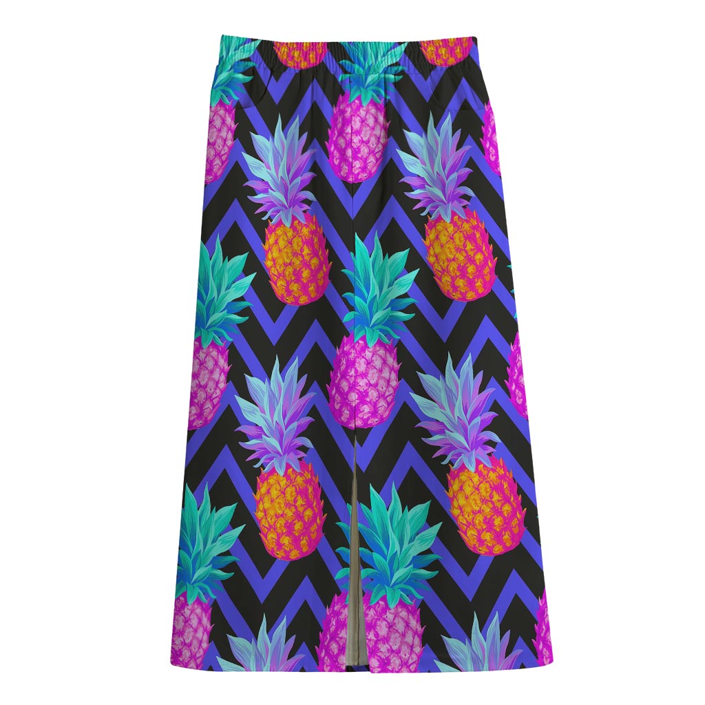 Neon EDM Zig Zag Pineapple Pattern Print Cotton Front Slit Maxi Skirt