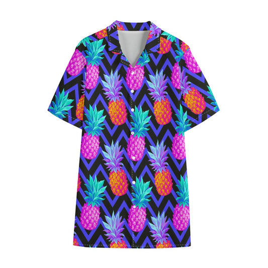 Neon EDM Zig Zag Pineapple Pattern Print Cotton Hawaiian Shirt