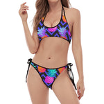Neon EDM Zig Zag Pineapple Pattern Print Halter Scoop Tie Side Bikini