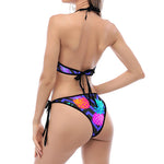 Neon EDM Zig Zag Pineapple Pattern Print Halter Scoop Tie Side Bikini
