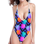 Neon EDM Zig Zag Pineapple Pattern Print High Cut One Piece Swimsuit