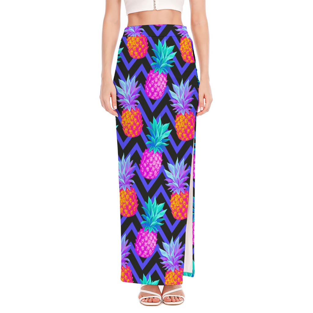 Neon EDM Zig Zag Pineapple Pattern Print High Slit Maxi Skirt