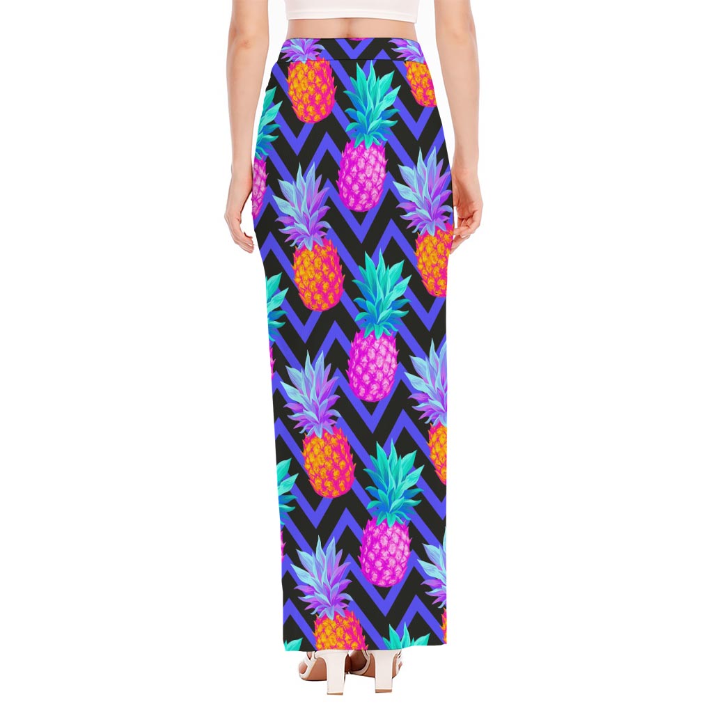 Neon EDM Zig Zag Pineapple Pattern Print High Slit Maxi Skirt