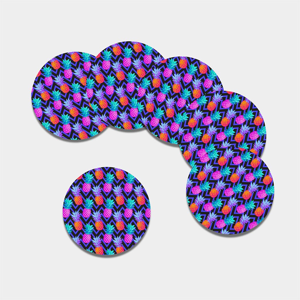 Neon EDM Zig Zag Pineapple Pattern Print Leather Coaster Set