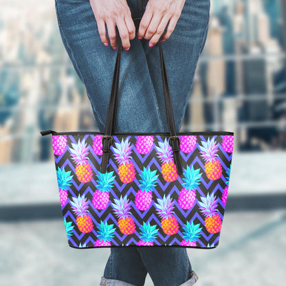 Neon EDM Zig Zag Pineapple Pattern Print Leather Tote Bag