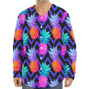 Neon EDM Zig Zag Pineapple Pattern Print Long Sleeve Baseball Jersey