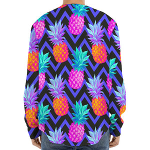 Neon EDM Zig Zag Pineapple Pattern Print Long Sleeve Baseball Jersey