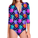 Neon EDM Zig Zag Pineapple Pattern Print Long Sleeve Swimsuit