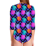 Neon EDM Zig Zag Pineapple Pattern Print Long Sleeve Swimsuit