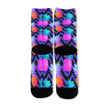 Neon EDM Zig Zag Pineapple Pattern Print Long Socks