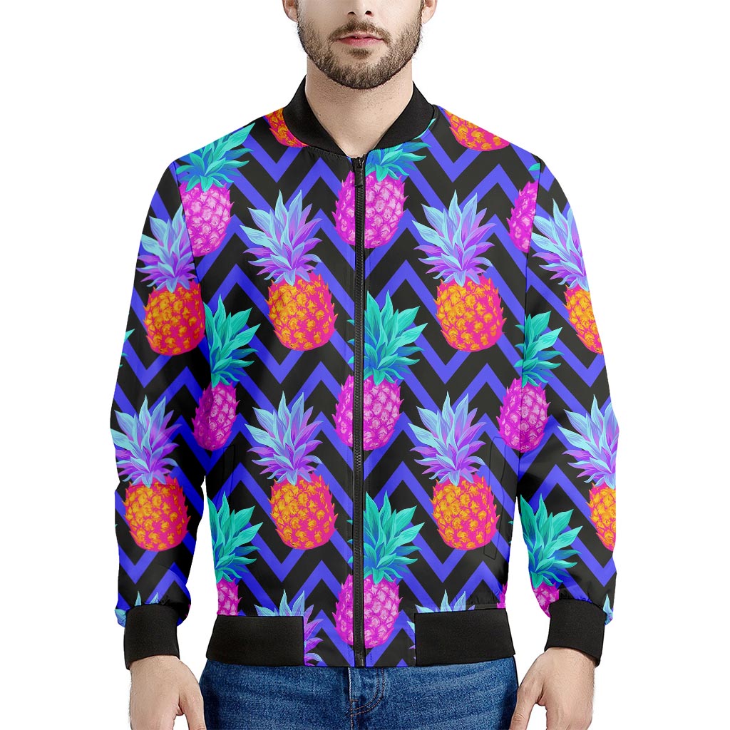 Neon EDM Zig Zag Pineapple Pattern Print Men's Bomber Jacket