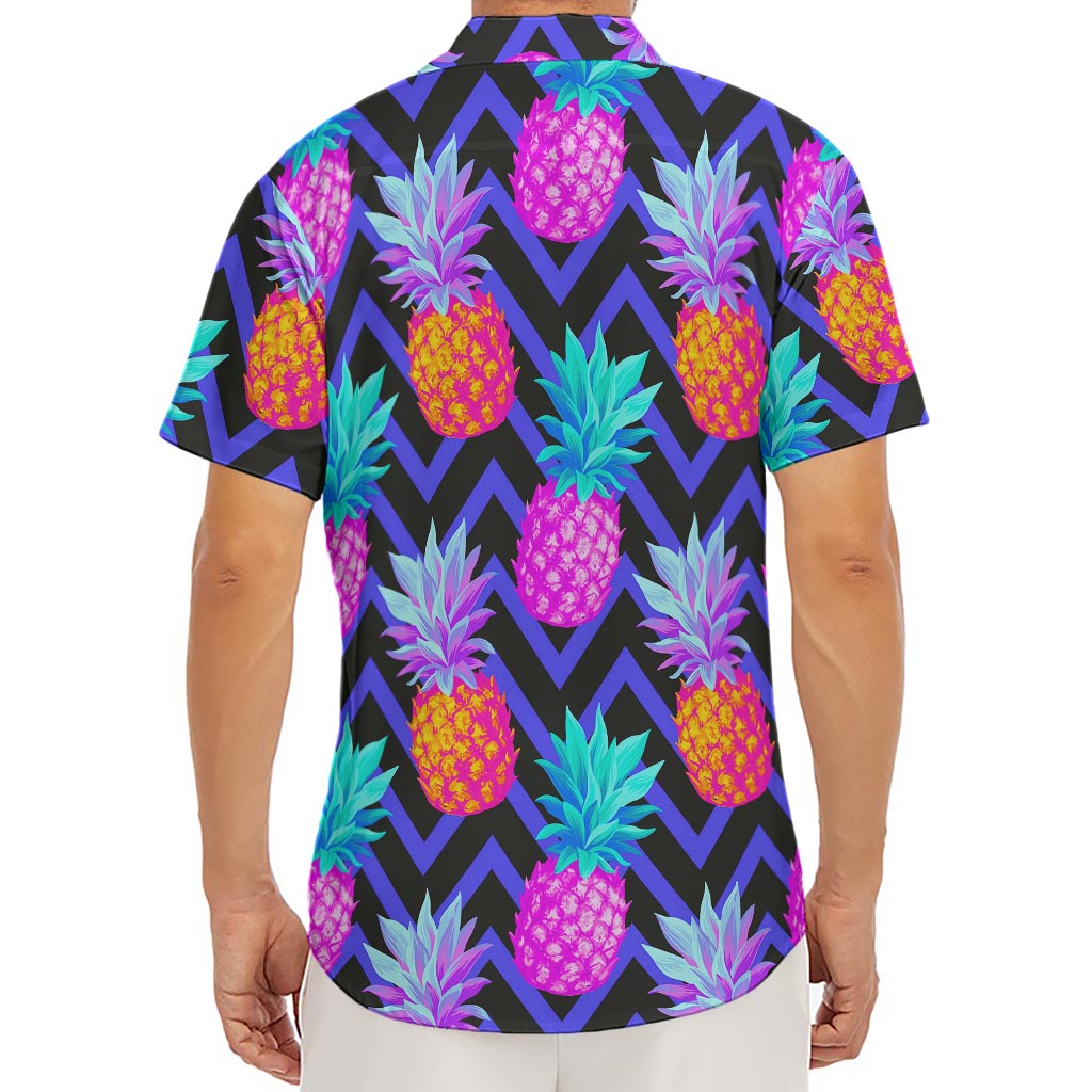 Neon EDM Zig Zag Pineapple Pattern Print Men's Deep V-Neck Shirt