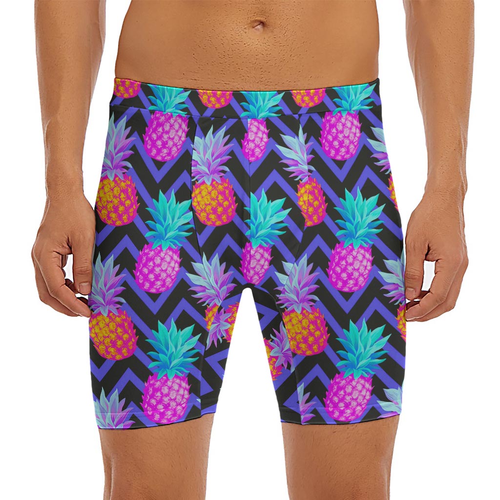 Neon EDM Zig Zag Pineapple Pattern Print Men's Long Boxer Briefs