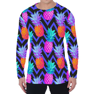 Neon EDM Zig Zag Pineapple Pattern Print Men's Long Sleeve T-Shirt