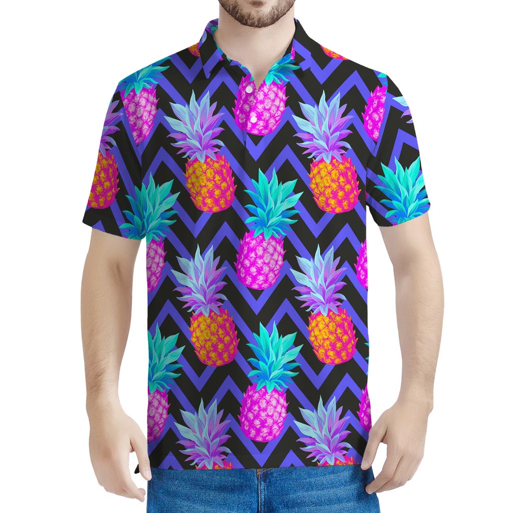 Neon EDM Zig Zag Pineapple Pattern Print Men's Polo Shirt