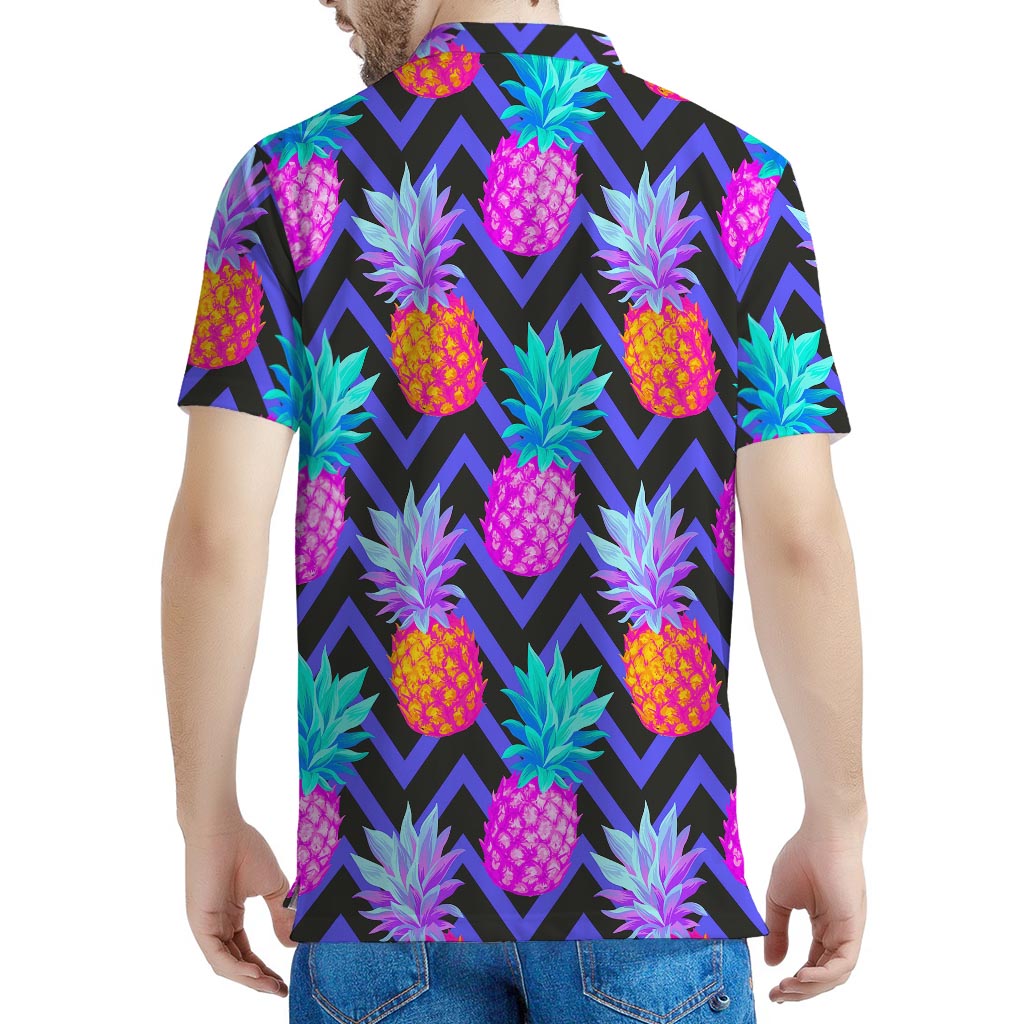 Neon EDM Zig Zag Pineapple Pattern Print Men's Polo Shirt