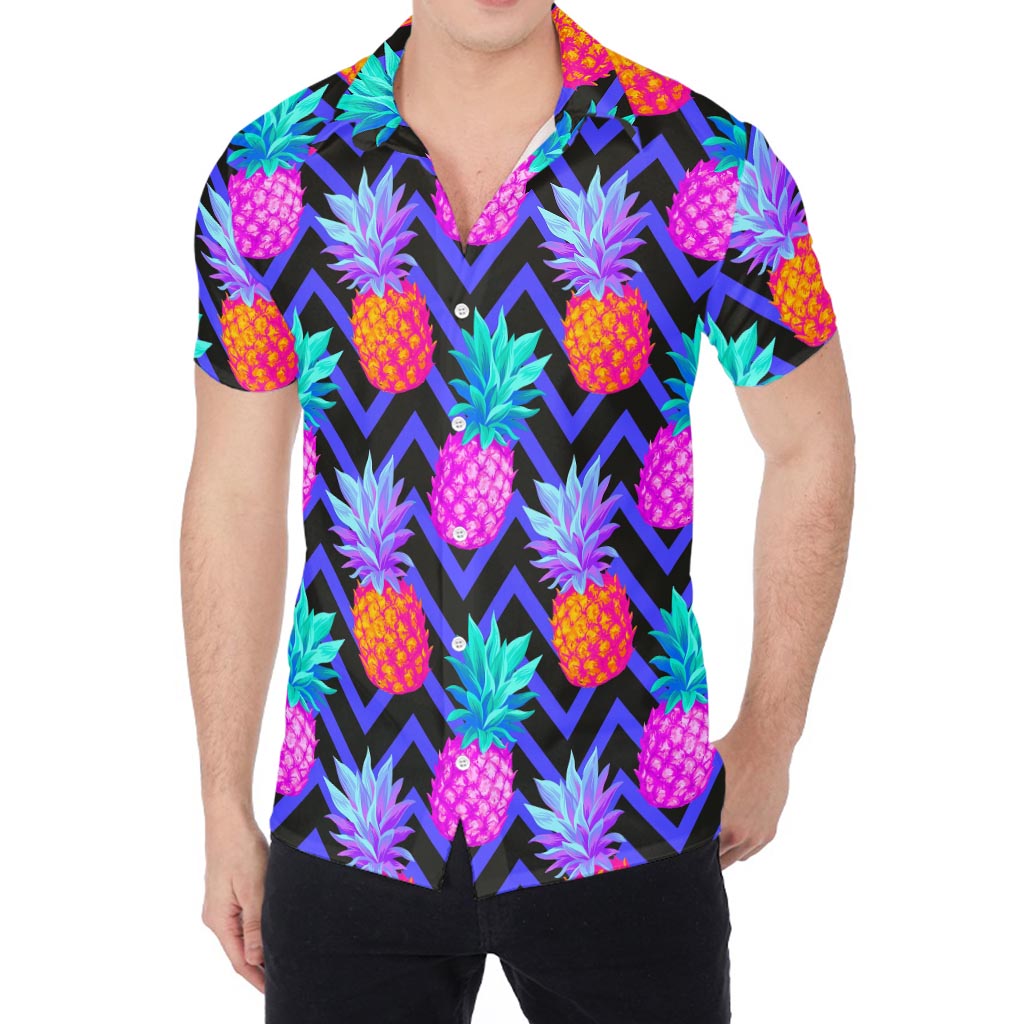 Neon EDM Zig Zag Pineapple Pattern Print Men's Shirt